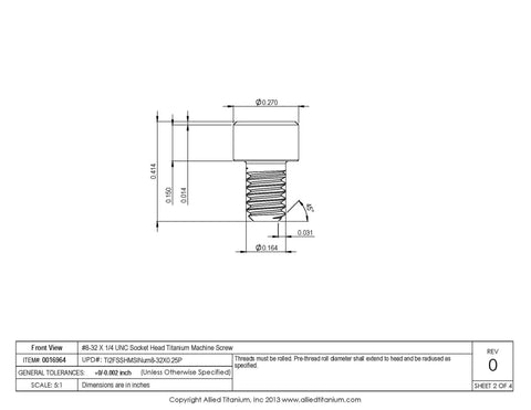 Heavy Duty Grade Two Pure Titanium Socket Head Machine Screws technical drawing #8-32 x 1/4 specifications.