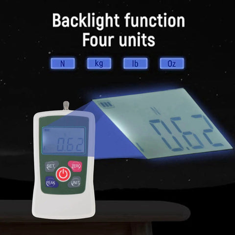 Digital Force Meter 100N High Precision Push Pull Tester displaying readings on backlit screen in four units.