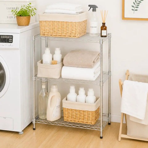 Heavy Duty Three Tier Wire Shelving Rack With Adjustable Chrome Metal Storage Shelves Featuring 750 Lb Capacity Built Like A Tank For Real Garage Workhorse Organization Needs with towels and cleaning supplies.