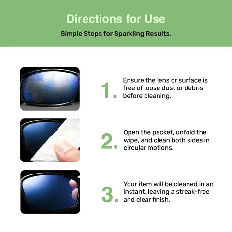 SOLWST Optix lens cleaning wipes instruction panel with 3 steps for cleaning eyeglasses and lenses.