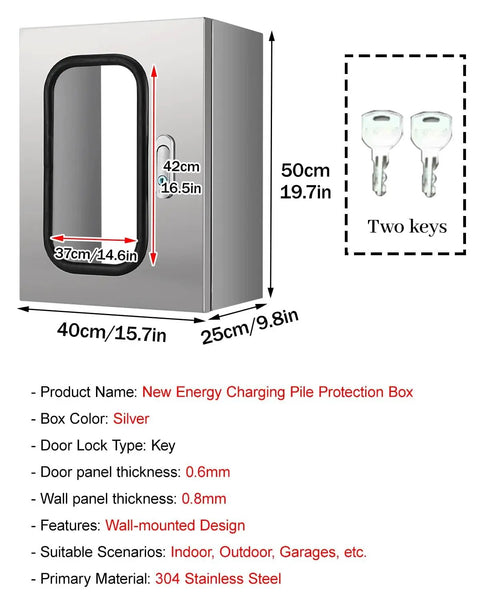 Heavy Duty Wall Mounted EV Charger Enclosure with Lock and Key, All Weather Stainless Steel Protector for Tesla Compatible Stations, dimensions and key included.
