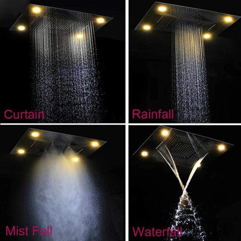 Straight Up Premium Recessed LED Ceiling Rainfall Shower System With Handheld Spray And Heavy Duty Stainless Steel Antique Brass Finish For Your Modern Bath Setup featuring four spray modes.