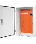Rock Solid EV Charger Enclosure Box With Combo Lock And Key Access Wall Mount outdoor garage protector, white metal box open, orange interior.