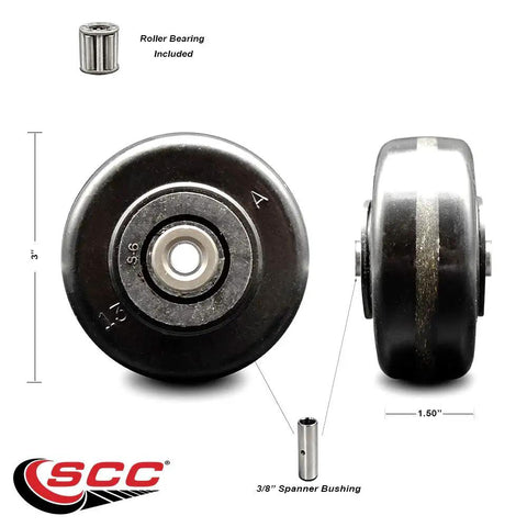 Heavy Duty Three Inch Phenolic Caster Wheel With Super Smooth Rollers And A Three Eighth Inch Bore Built To Hog Six Hundred Pounds Without Breaking A Sweat On Your Favorite Shop Rig showing roller bearing and dimensions.