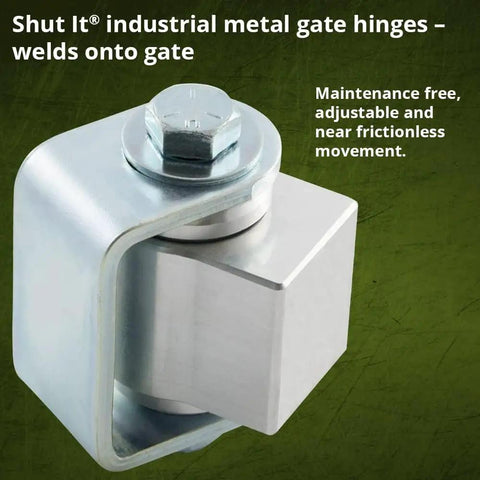 Built Tough Weld On Gate Hinge With Aluminum Body And Steel Bracket features smooth adjustment for industrial gate security.