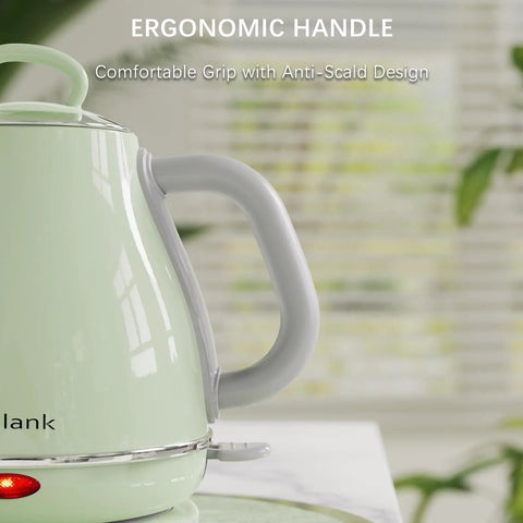 Side view of green Gooseneck Electric Kettle 1L 1500W for Pour Over Coffee and Tea with ergonomic handle on counter.