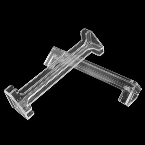 Solid As A Rock Plug And Play Four Piece 3.5 Inch Transparent Vertical Blind Valance Corners and Dust Cover Clips for Louver Baffle Grooves Premium Hardware on a black background.