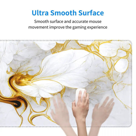 Hands using Boss Size Desk Pad For Gaming And Work 31.5 By 11.8 Inches Waterproof Thick Desk Mat With Grippy Non Slip Rubber Base White Gold Marble Flower