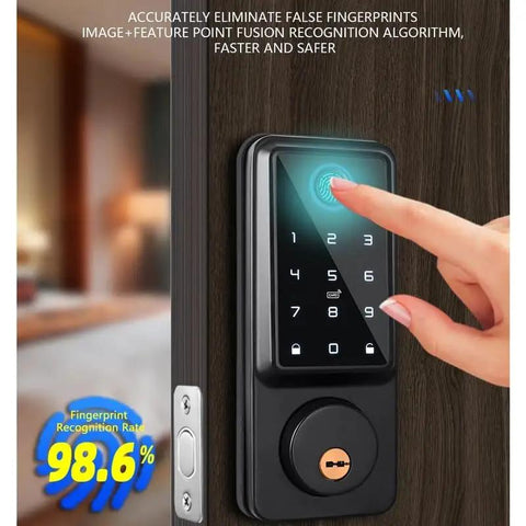 Solid As A Rock Waterproof Smart Deadbolt Lock For Home featuring biometric fingerprint scan and digital keypad in use.
