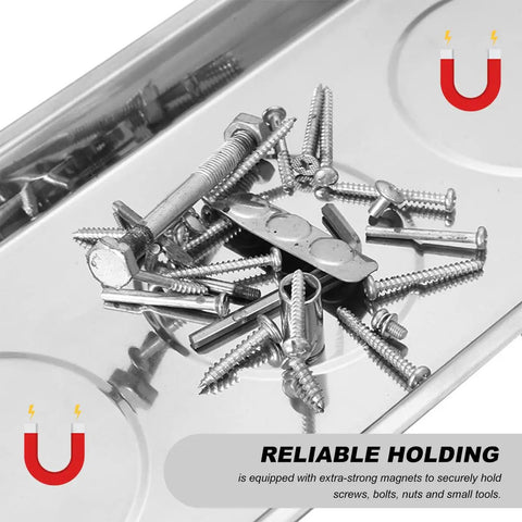 Magnetic Tray Set With Telescoping Magnet Pickup Tool 4 Piece Stainless Steel Round And Rectangular Trays holding screws