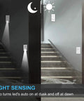Light sensing 10 Pack Light Switch With LED Night Light And Auto On Off Sensor on staircase, shows dusk to dawn feature