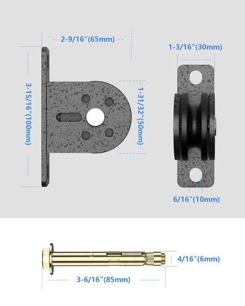 Rock Solid Wall Mount Pulley Block Rated For A Legit 600 Lbs Pull dimensions showing 10mm nylon wheel and 85mm mounting hardware.