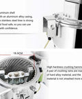 Detailed view of High Speed Electric Grain Grinder Mill showing aluminum shell and stainless steel tank interior.