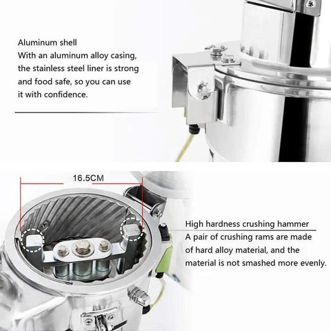 Detailed view of High Speed Electric Grain Grinder Mill showing aluminum shell and stainless steel tank interior.