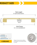 Top Shelf Brushed Gold Cabinet Handles And Drawer Pulls Made From Durable Zinc Alloy For Zero Hassle Install On Kitchen Counters Slick Rounded Edges Protect Little Hands While Dropping Serious Style Into Your Renovation 8 Inch Hole Center 10 Pack Product size chart with dimensions and screws.