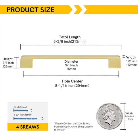 Top Shelf Brushed Gold Cabinet Handles And Drawer Pulls Made From Durable Zinc Alloy For Zero Hassle Install On Kitchen Counters Slick Rounded Edges Protect Little Hands While Dropping Serious Style Into Your Renovation 8 Inch Hole Center 10 Pack Product size chart with dimensions and screws.