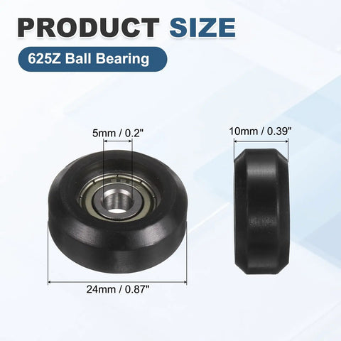5Pcs Badass Nylon Roller Bearings For Pulley Track Guide 625Z Ball Bearing Kit 5X24X10mm side and top view with dimensions