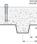 Diagram illustrating installation specs for Heavy Duty Stainless Steel Wedge Anchors One Half In By Five Half In for concrete.