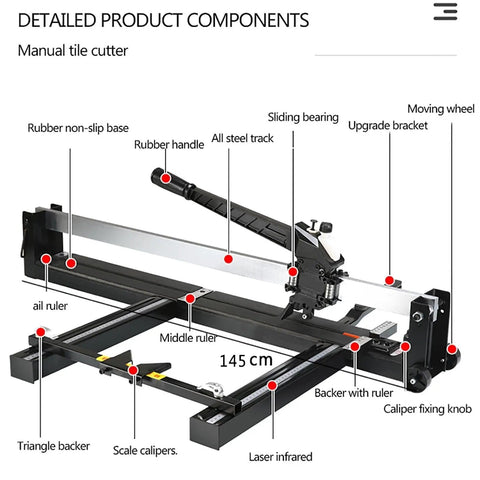 Pro Grade Floor Tile Cutter Tool With All Steel Frame and Heavy Duty Manual Operation, labeled components diagram