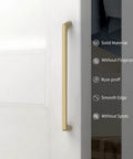 10 Pack Premium Brushed Gold Kitchen Cabinet Handles 7.5 Inch Center To Center Zinc Alloy Pulls Top Shelf Heavy Duty Smooth Glide showing smooth edge design.