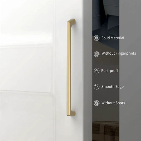 10 Pack Premium Brushed Gold Kitchen Cabinet Handles 7.5 Inch Center To Center Zinc Alloy Pulls Top Shelf Heavy Duty Smooth Glide showing smooth edge design.
