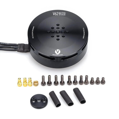 Workhorse Brushless Motor Built For Serious UAV Drones eVTOL Fixed Wing And Multirotor Quadcopters showing black motor and accessories.
