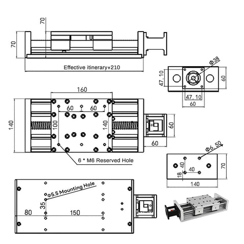 Technical drawing of Shop Floor Beast Heavy Duty Ball Screw Slide Table handling up to eighty kilograms with detailed measurements.