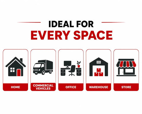 Image displaying uses for Heavy Duty Abc Dry Chemical Fire Extinguisher Five Pound Two A Ten B C Rated Safety Gear for home, office, and vehicles.