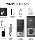 Next Level Smart Front Door Lock Featuring Lightning Fast Fingerprint Keyless Entry Deadbolt With Zero Fret AI Unlocking For Rock Solid Home Security And Easy Peasy Access components and accessories displayed in box arrangement.