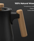 Close-up of Gooseneck Electric Kettle With Precision Temperature Control Within One Degree Fahrenheit 1200W, wood handle.