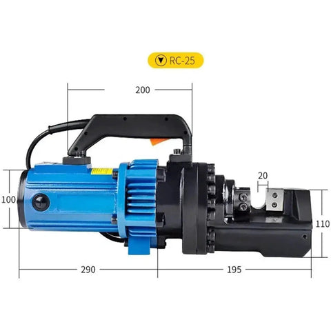 Electric Hydraulic Rebar Cutter 4 To 25 mm Portable Steel Cutting Tool shown with dimensions highlighting heavy duty design