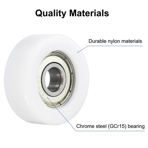 Eight Piece 608ZZ Double Shielded Nylon Ball Bearing Rollers showing durable nylon and chrome steel bearing for smooth drawer glide.