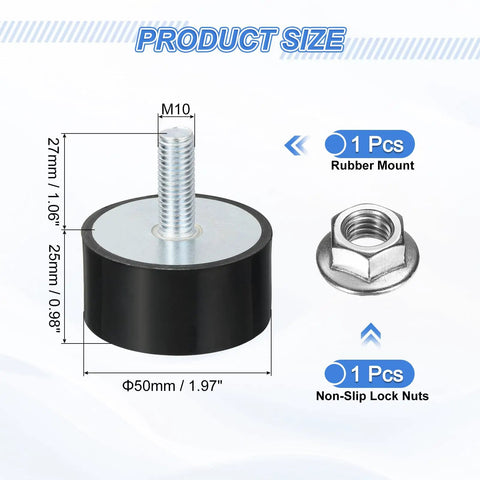 Badass M10 Thread Rubber Vibration Isolators And Shock Absorber Mounts With Threaded Studs and Non Slip Lock Nuts, 50mm size.