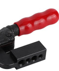 Close-up of Beefy One Hand Release Quick Toggle Clamp Heavy Duty Latch Clamp with red handle in high carbon steel for boxes and trunks.
