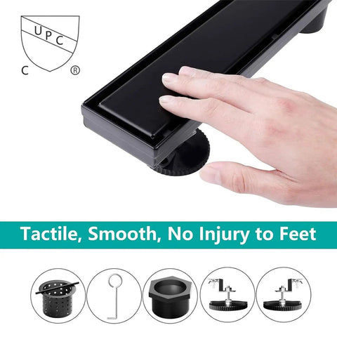 Hand touching 24 Inch Linear Shower Drain With 2 In 1 Flat And Tile Insert Matte Black Brushed 304 Stainless Steel
