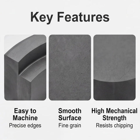 Key features of Top Shelf Rectangle Graphite Block 150X25X6MM: easy to machine, smooth surface, high mechanical strength.