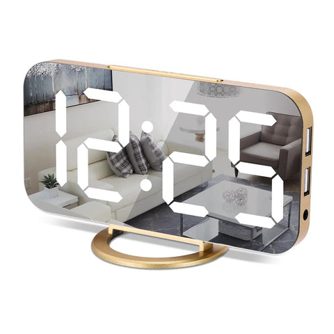 7 Inch LED Mirror Display Alarm Clock With Dual USB Ports, Auto Dim And Night Mode on a modern living room background