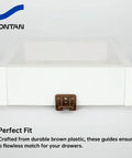 Dang Smooth Dark Brown Plastic Drawer Slides And Center Mount Rails Kit With 10 Pack Replacement Glides For Kenlin Rite Trak I, drawer front with brown plastic slide.