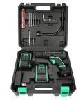 Professional Grade Heavy Duty Badass Cordless Drill 21V Electric Power Tool 45Nm in a compact case with accessories.