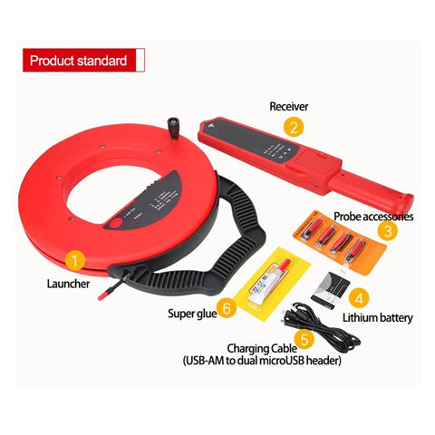 Nifty Pipe Blockage Detector And Rugged Wall Scanner For Plumbers kit including receiver, launcher, and probes.