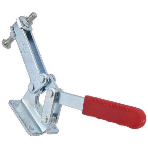 Side view of 630Kg Holding Force Quick Release Toggle Clamp For Jigs And Fixtures, Horizontal Clamp with red handle, metal and plastic construction.
