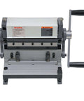 Front view of an 8 Inch 3 In 1 Metal Brake Shear Roll Machine for 20 Gauge Steel, featuring burr-free cutting and 90 degree bends capacity.