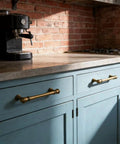Heavy Duty Vintage Antique Brass Cabinet Pulls Ten Pack With Five Inch Hole Spacing on blue kitchen cabinets.