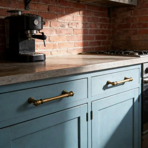 Heavy Duty Vintage Antique Brass Cabinet Pulls Ten Pack With Five Inch Hole Spacing on blue kitchen cabinets.