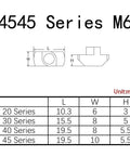 4545 Series M6 dimensions diagram with measurements for nuts, showcasing size details for 100 Pack Of M6 T Slot Nuts Forged From Nickel Plated Carbon Steel For 4545 Aluminum Extrusions Featuring Hammer Head Fasteners That Give Badass Grip And Straight Up Dependability For Any Real World Build Project Today.