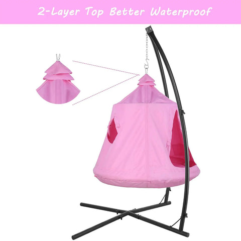 Pink X Shaped Hanging Tree Tent With Swing Chair And Stand Patio Canopy, Waterproof Indoor Outdoor Hammock Chair, 2-Layer Top
