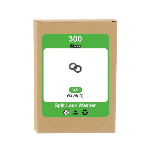 M3 Split Lock Washers 300 Pack Heavy Duty Carbon Steel Black Oxide Finish For Screws Bolts Machinery displayed in a box.