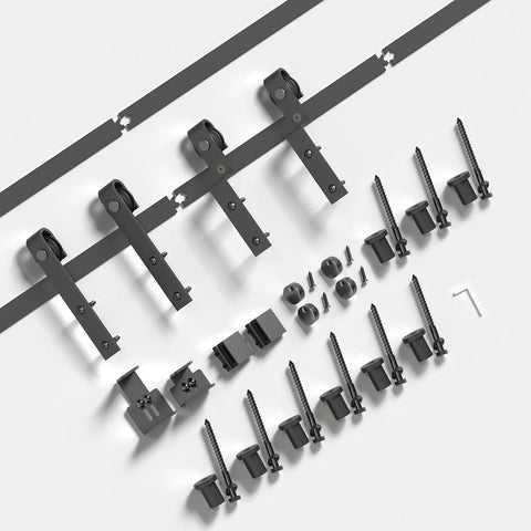 8 ft Mini Cabinet Bypass Sliding Barn Door Hardware Track Kit with Hella Smooth Quiet Nylon Rollers and Heavy Duty Black Steel Frame parts layout