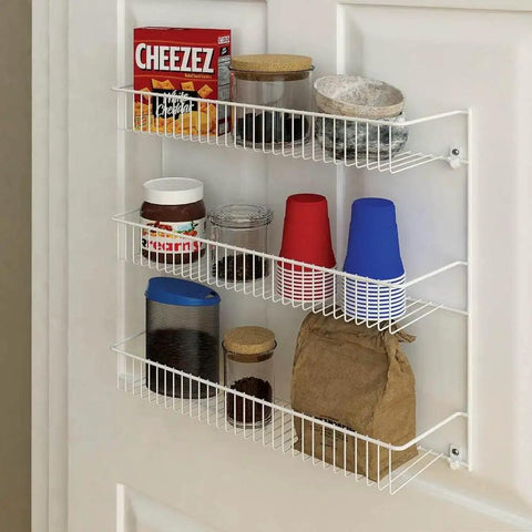 Top Notch 3 Tier Wall Mounted Spice Rack Set Of 2 For Pantry Organization, displaying jars, cups, and snacks on a white finish.
