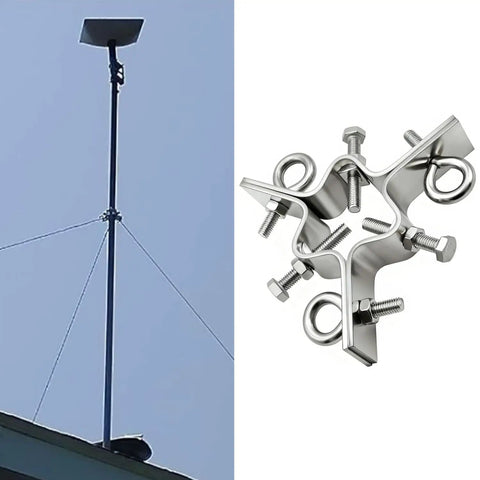 Three Way Guy Wire Ring Kit With 100 Ft Wires And Mount Accessories, mounted on rooftop, stainless steel clamp close-up
